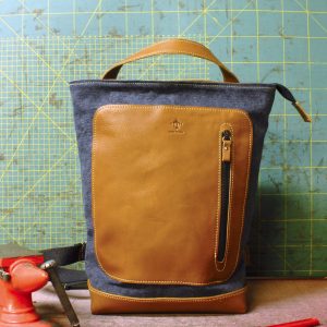 MINIMAL BACK SACK - Tela olona blu navy e cuoio