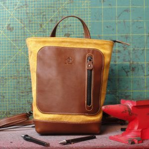 Mini - Minimal zainetto in Tela olona giallo ocra e cuoio scuro