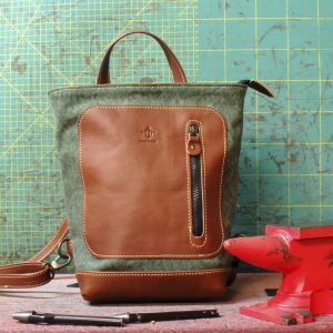 Mini - Minimal zainetto in Tela olona Verde Bosco e Cuoio scuro