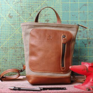 Mini - Minimal zainetto in Tela olona Tortora e Cuoio scuro