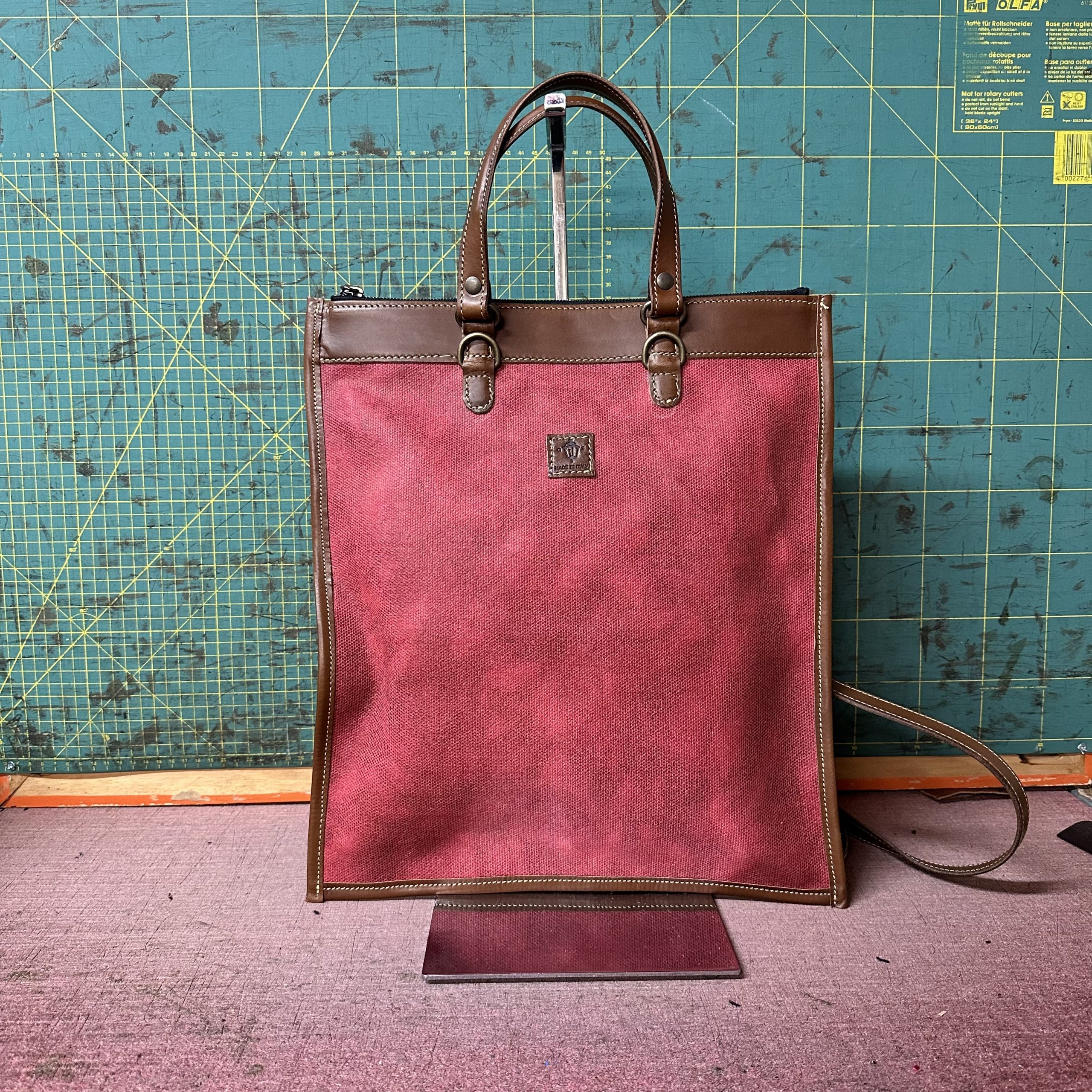 Tascona in Cotone spalmato Rosso e Cuoio scuro