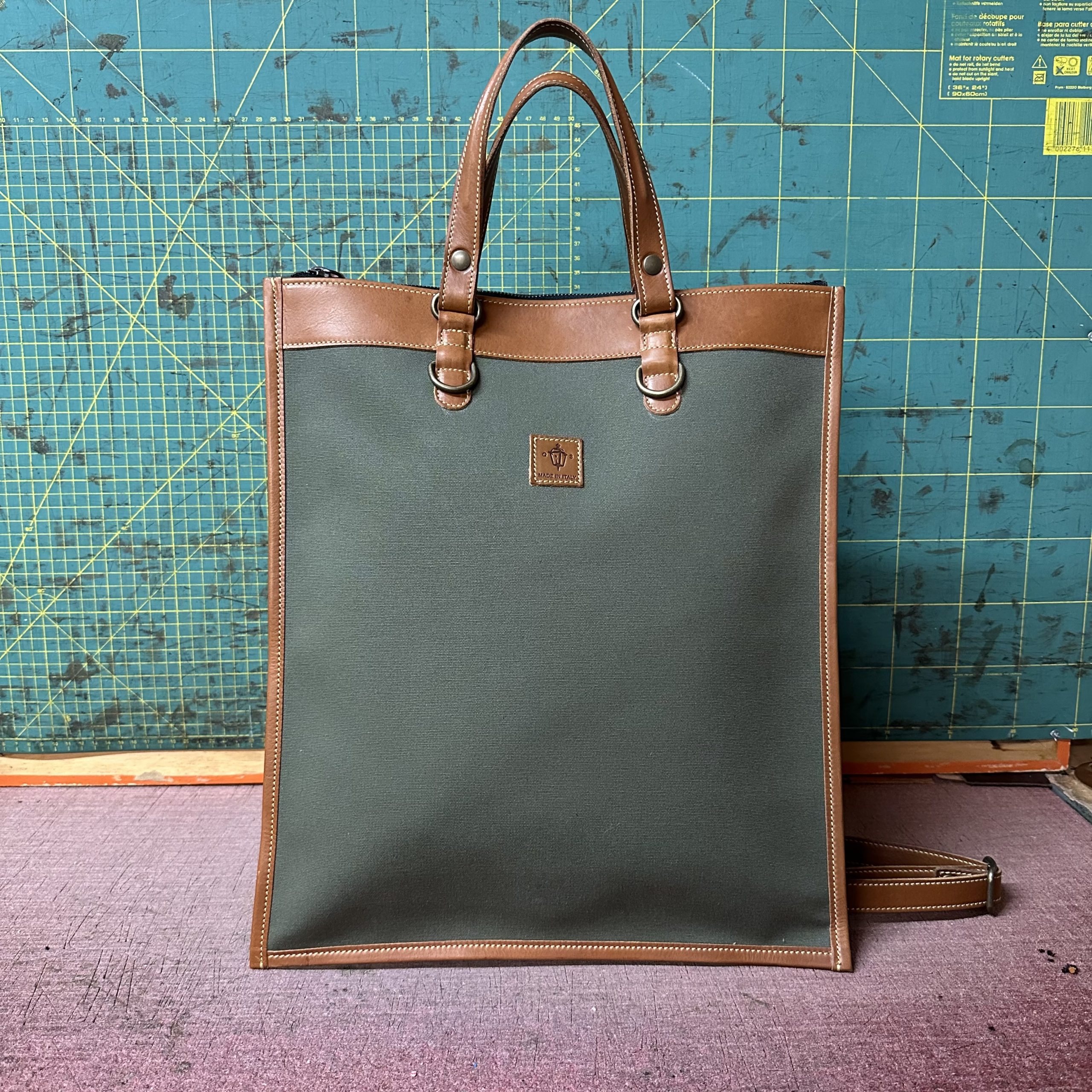 Tascona in Tela Tinta unita Verde Militare e Cuoio